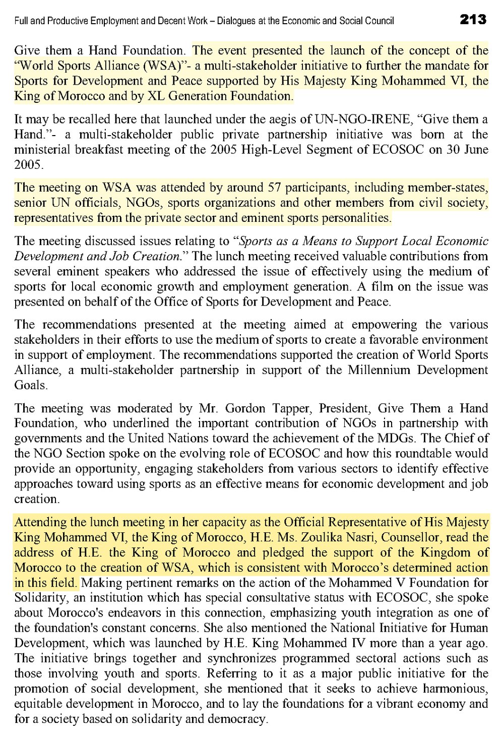 Page 213 of the UN ECOSOC book. Highlighted: the launch of the concept of the World Sports Alliance; the 57 participants; and the Official Representative of King Mohammed VI pledging the support of the Kingdom of Morocco to the creation of WSA.