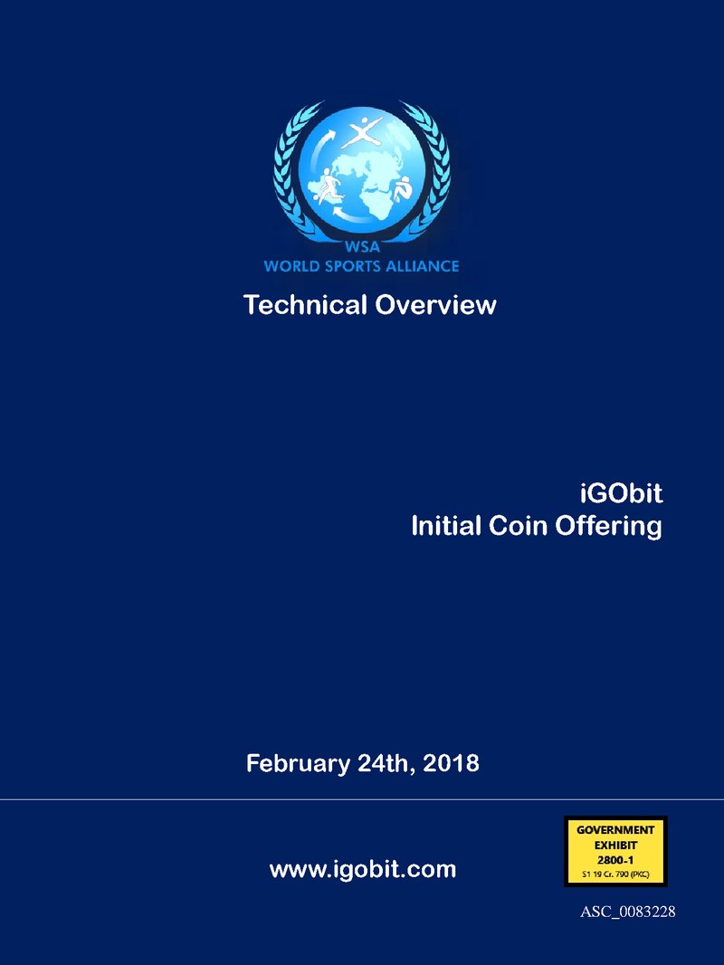 Cover of the iGObit Technical Overview, February 24th, 2018, with the Government Exhibit 2800-1 sticker.