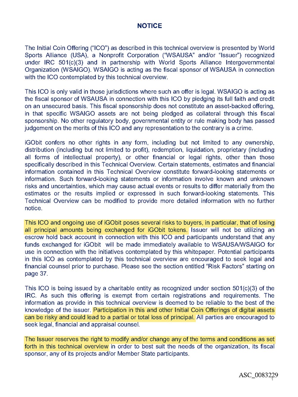 White paper notice page, highlighted: risk of losing all principal; partial or total loss of principal; the Issuer reserves the right to modify the terms.