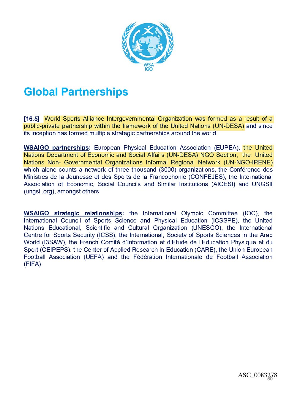 White paper page 50, Global Partnerships, highlighted: formed as a result of a public-private partnership within the framework of the United Nations (UN-DESA); partners include UN-DESA NGO Section and UN-NGO-IRENE.