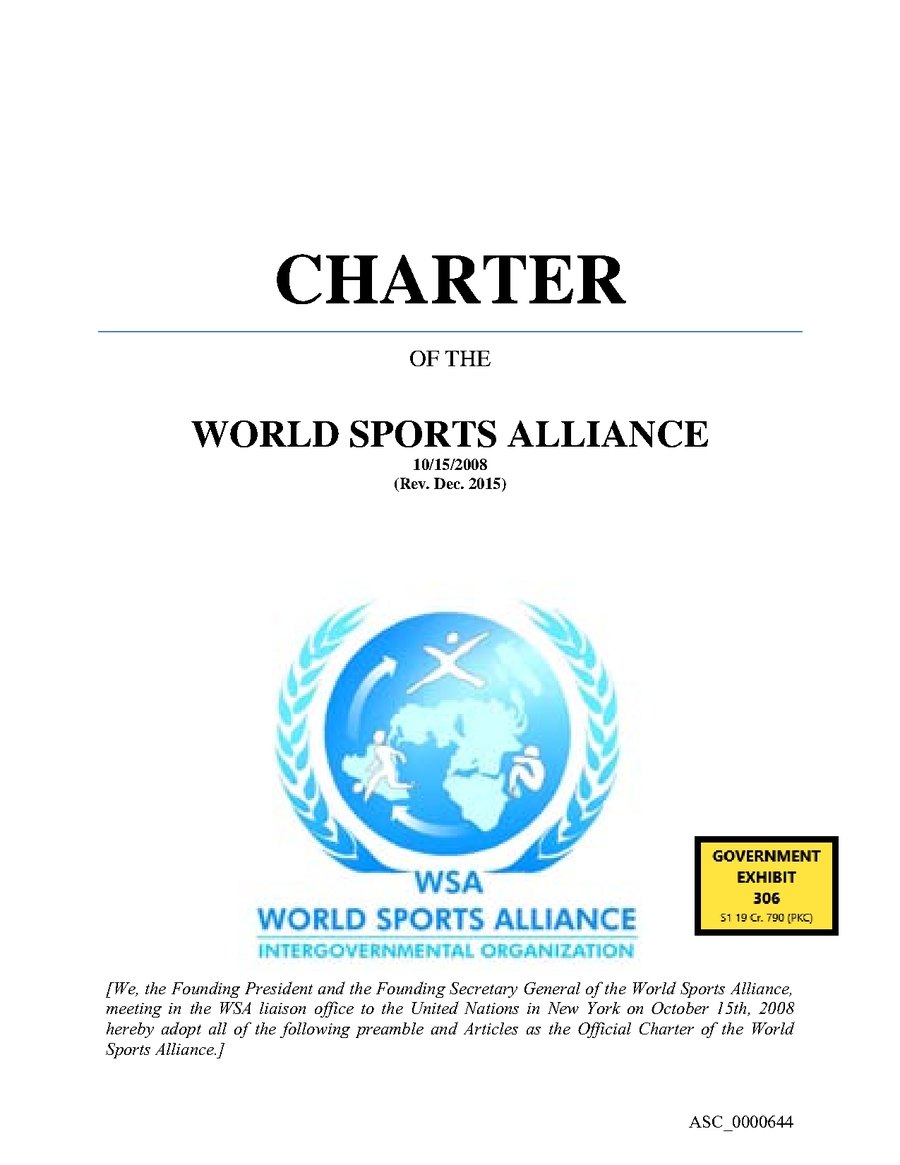 Cover of the Charter of the World Sports Alliance, 10/15/2008, revised December 2015, with the Government Exhibit 306 sticker.