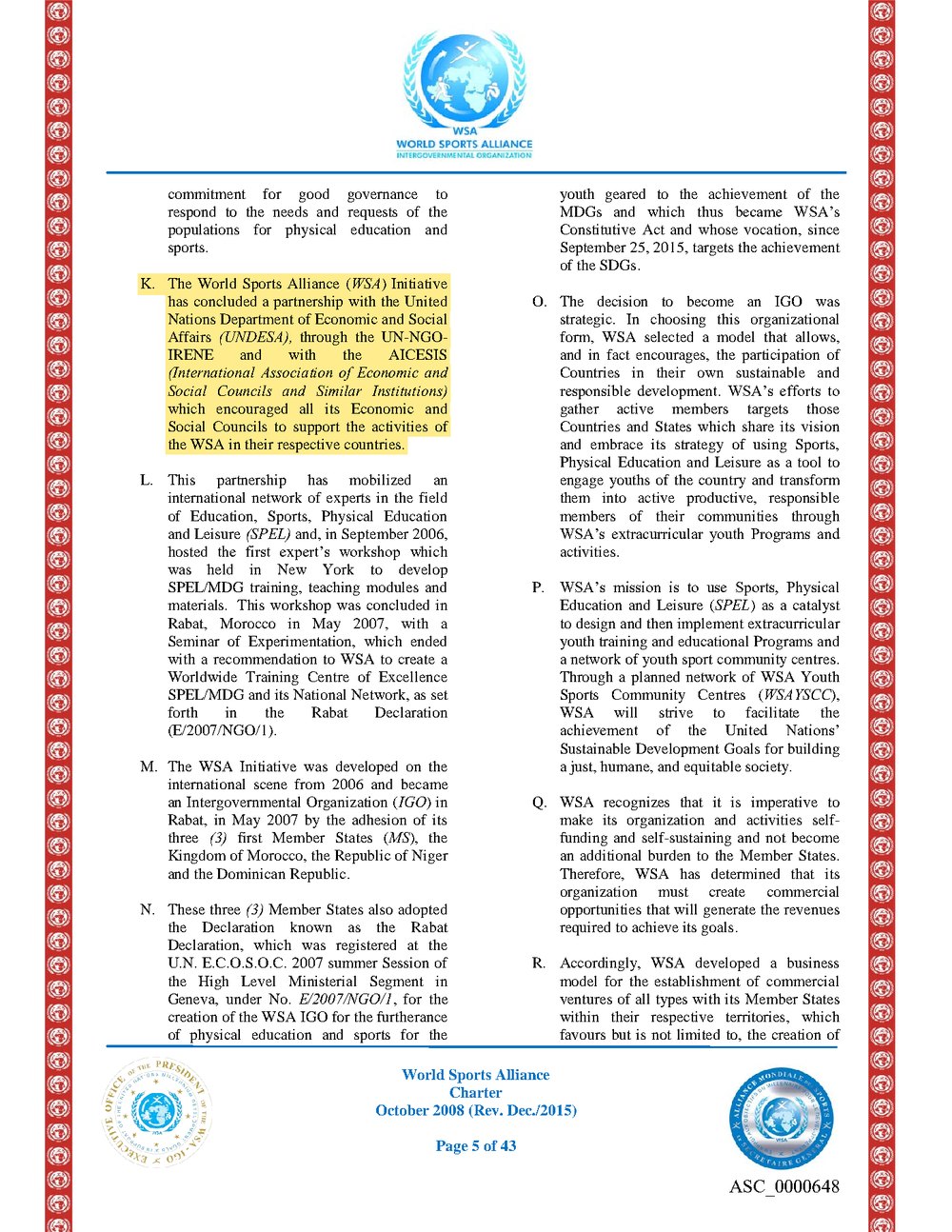 Charter page 5, Preamble K highlighted: WSA has concluded a partnership with the United Nations Department of Economic and Social Affairs (UNDESA), through the UN-NGO-IRENE.