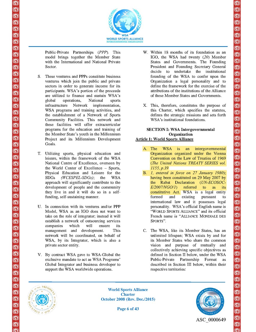 Charter page 6, Article 1(A) highlighted: constituted on 29 May 2007 by the Rabat Declaration, referred to as its constitutive Act.