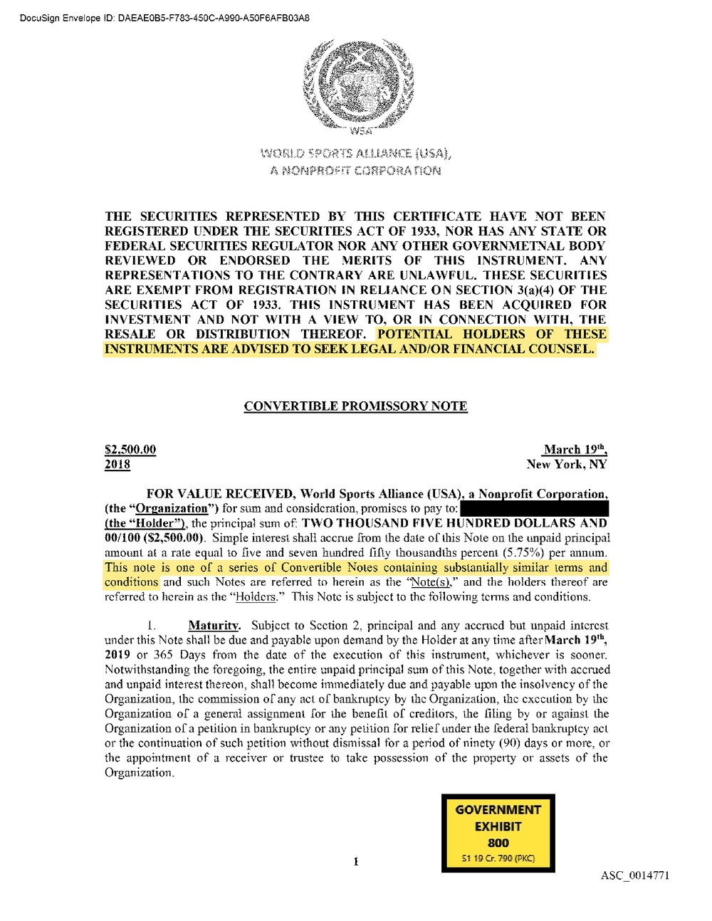 GX 800 page 1, highlighted: potential holders are advised to seek legal and/or financial counsel; this note is one of a series of convertible notes containing substantially similar terms. Holder name blacked out.