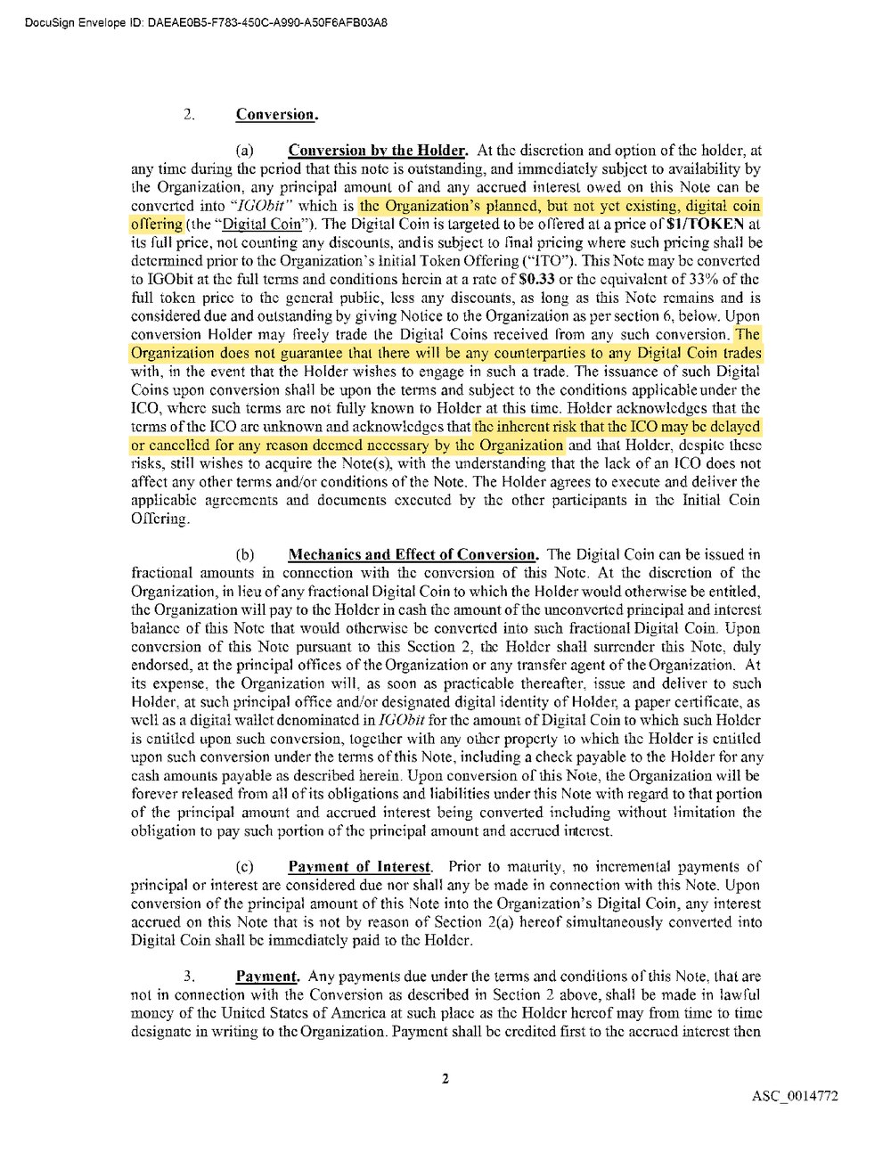 GX 800 page 2, Section 2(a) highlighted: the Organization’s planned, but not yet existing, digital coin offering; no guarantee of counterparties; the ICO may be delayed or cancelled.