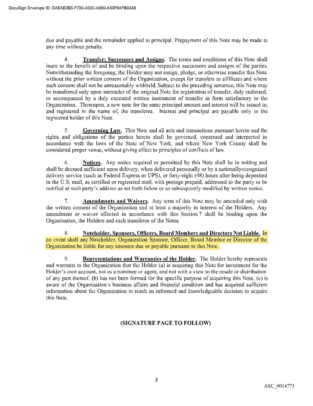 GX 800 page 3, Section 8 highlighted: in no event shall any officer be liable for any amounts due.