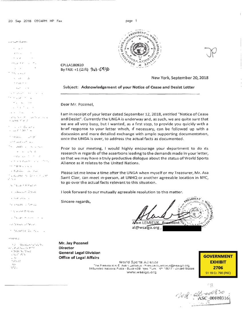 GX 2706, the same letter as shown at trial, with the left column unreadable.