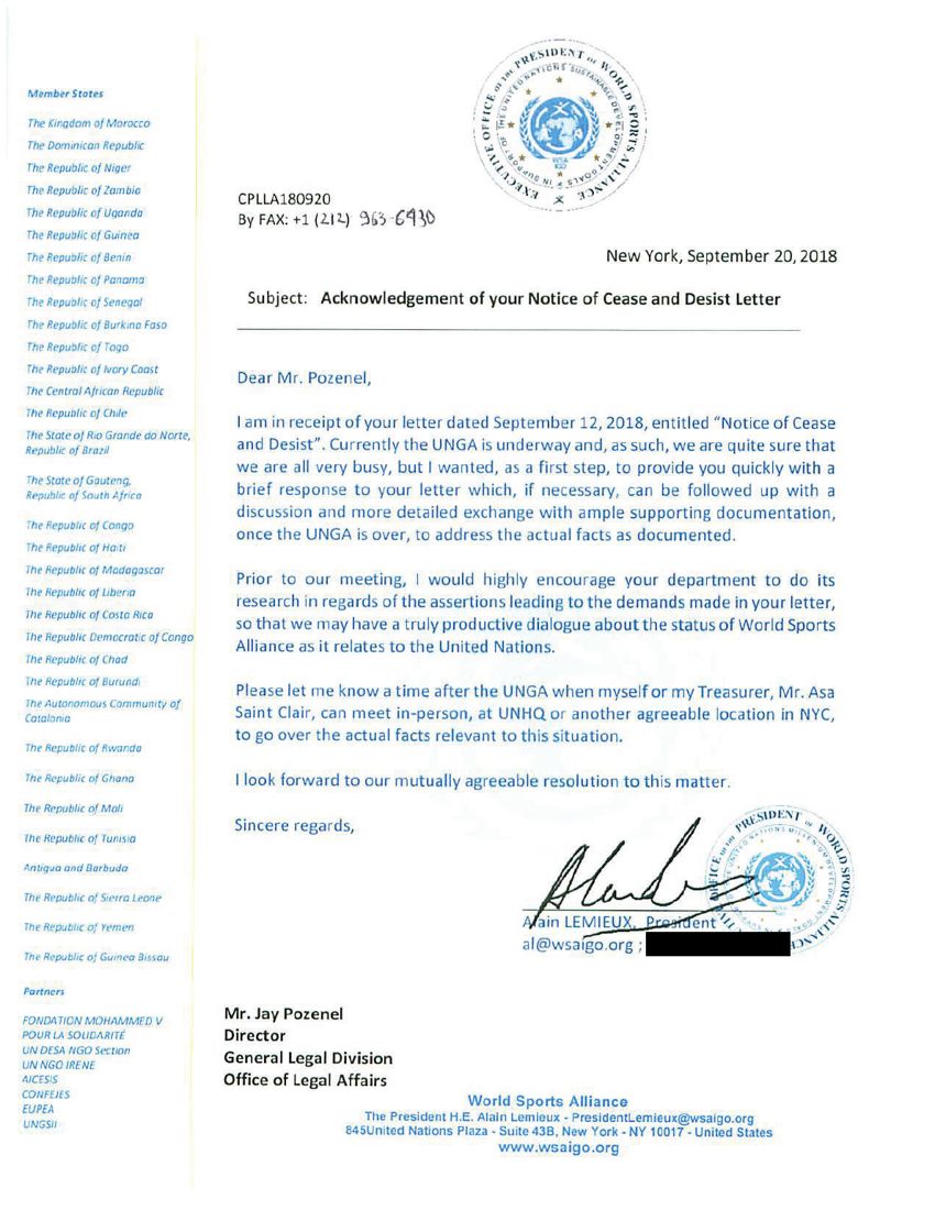 WSA’s original letter with member states and partners listed on the left.