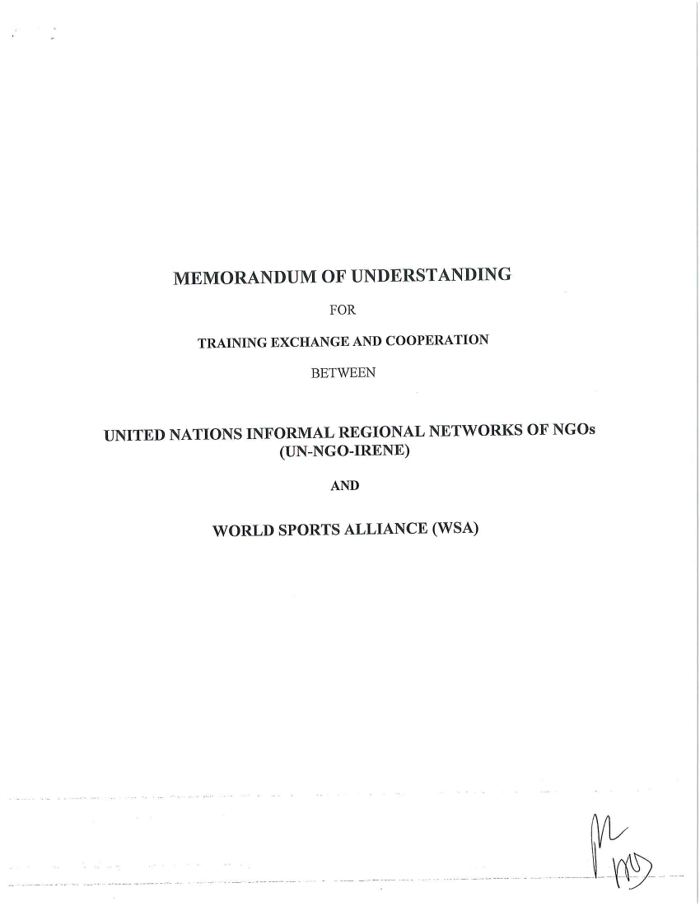 Cover page of the Memorandum of Understanding between UN‑NGO‑IRENE and World Sports Alliance.