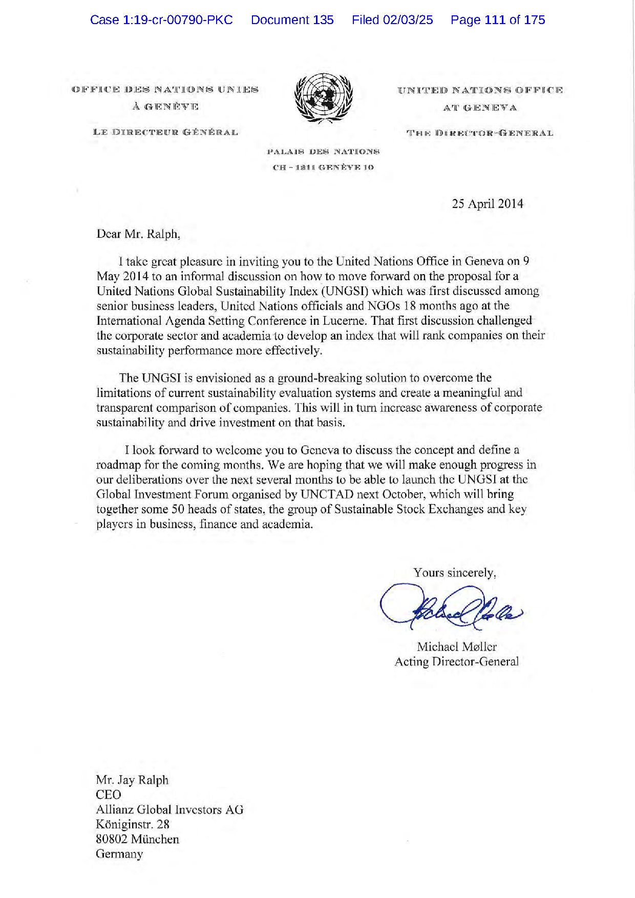 Letter on United Nations Office at Geneva, Director-General letterhead, dated 25 April 2014, signed by Michael Møller as Acting Director-General, inviting a business leader to Geneva to discuss the proposed United Nations Global Sustainability Index.