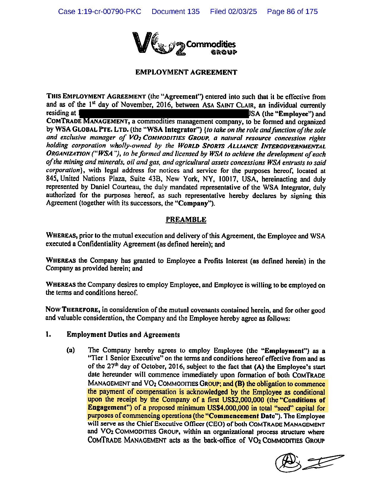 Employment Agreement effective November 1, 2016, page one. Highlighted, section 1(a)(B): the obligation to commence the payment of compensation is conditional upon receipt of a first US$2,000,000 of a proposed minimum US$4,000,000 in seed capital. Home address blacked out.
