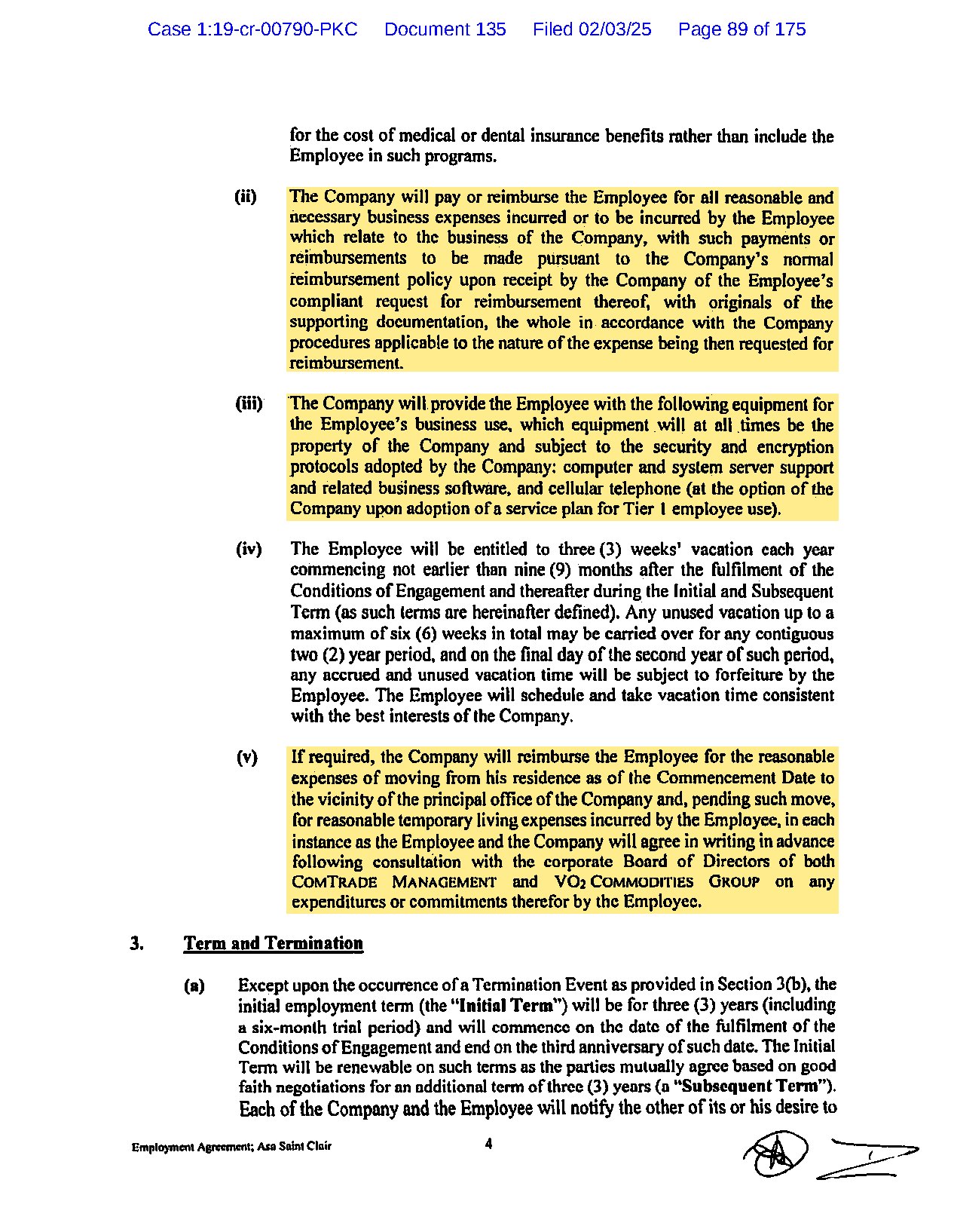 Employment Agreement page four. Highlighted: section 2(b)(ii), the Company will pay or reimburse all reasonable and necessary business expenses incurred or to be incurred; 2(b)(iii), computer, server, software and cellular telephone; 2(b)(v), reasonable moving and temporary living expenses.