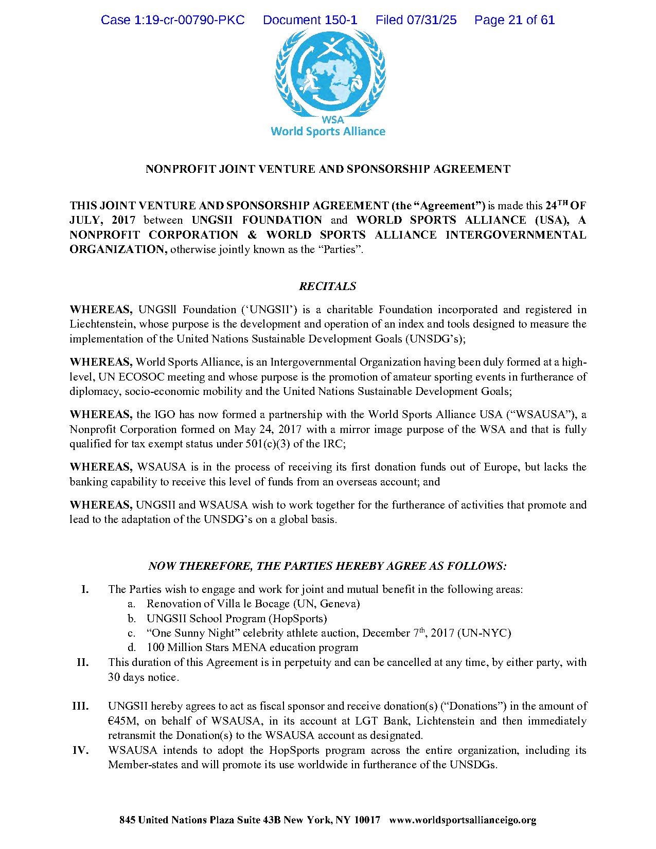 First page of the Nonprofit Joint Venture and Sponsorship Agreement dated July 24, 2017 between UNGSII Foundation and World Sports Alliance, listing joint work including the renovation of Villa le Bocage at UN Geneva.