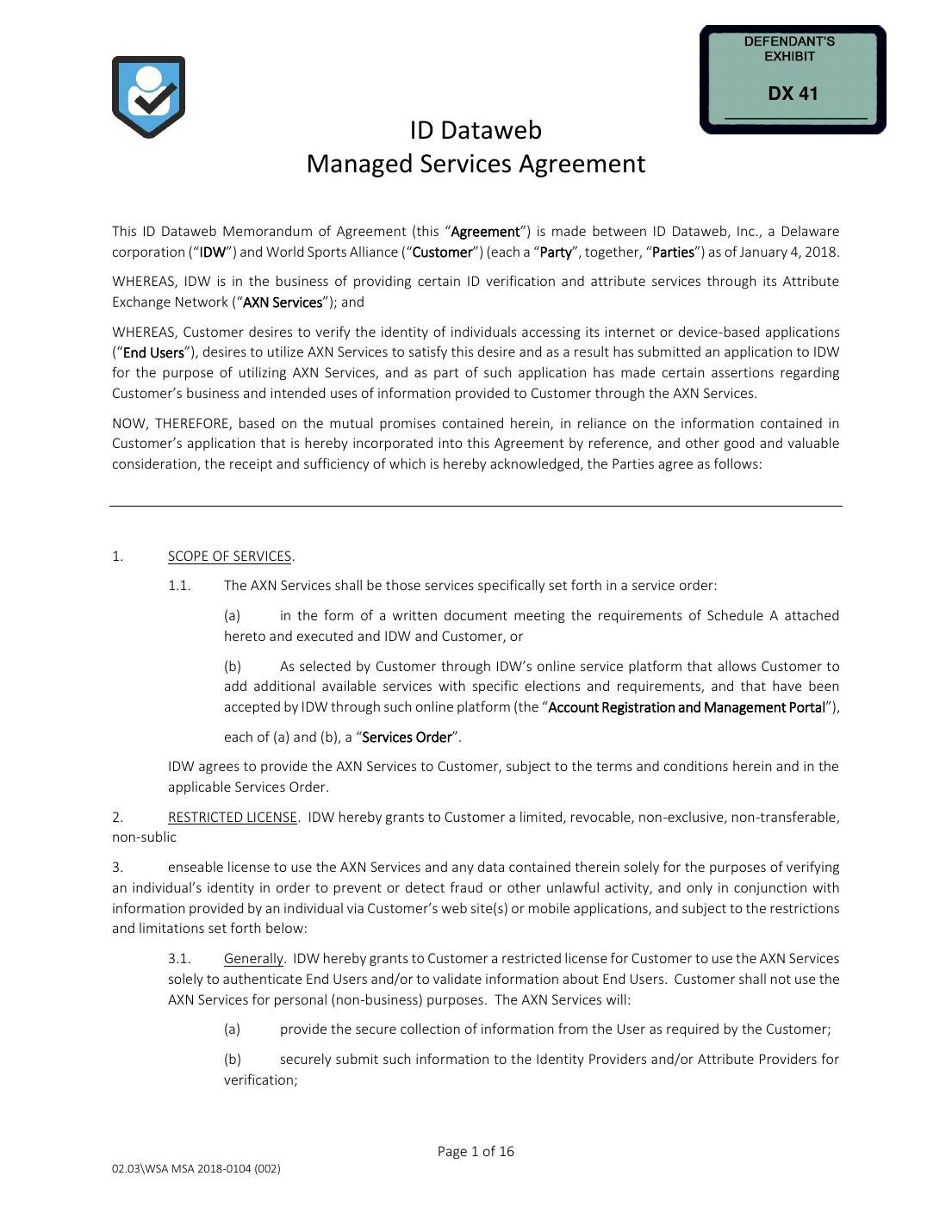 DX 41: ID Dataweb Managed Services Agreement with World Sports Alliance, January 4, 2018, first page.