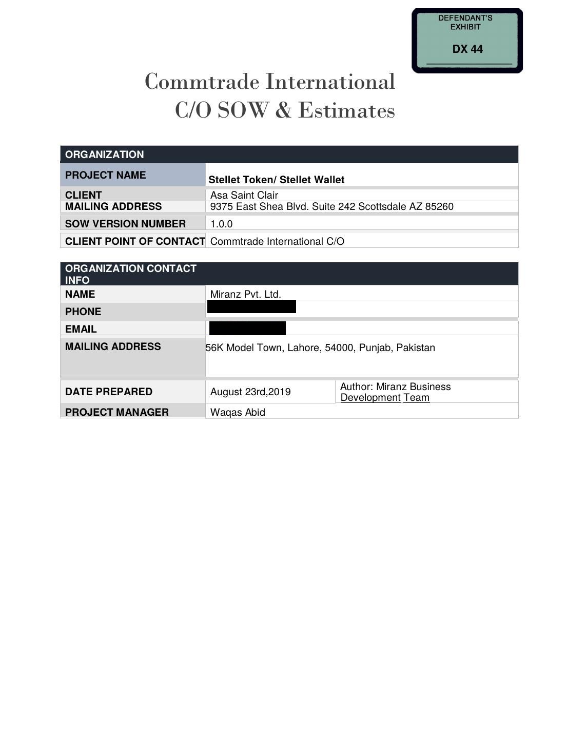 DX 44: Commtrade International statement of work with Miranz for the Stellar token and wallet, prepared August 23, 2019. Phone and email blacked out.