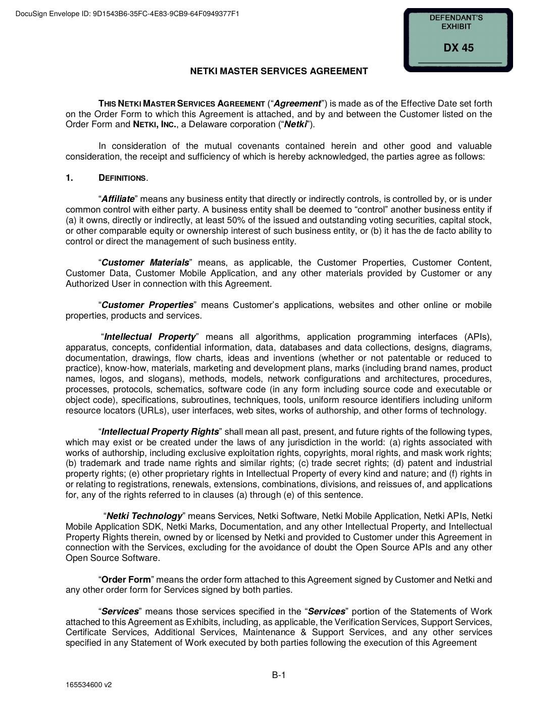 DX 45: Netki Master Services Agreement, first page.