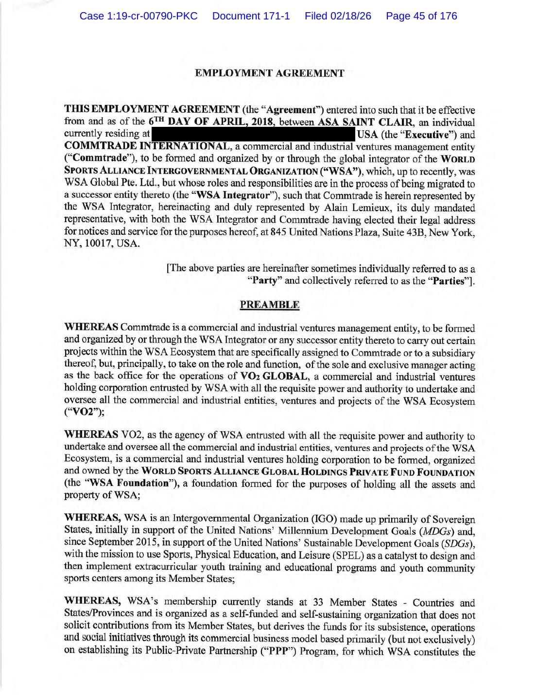 GX 3101: the April 6, 2018 employment agreement between Asa Saint Clair and Commtrade International, first page. Home address blacked out.