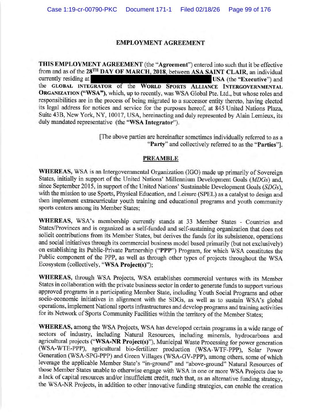GX 3102: the March 28, 2018 employment agreement between Asa Saint Clair and the World Sports Alliance Intergovernmental Organization, first page. Home address blacked out.