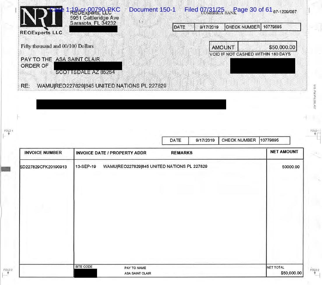The $50,000 relocation check dated 9/17/2019, payable to Asa Saint Clair at a Scottsdale, AZ address, referencing 845 United Nations Plaza. Street address, account numbers and signature blacked out.