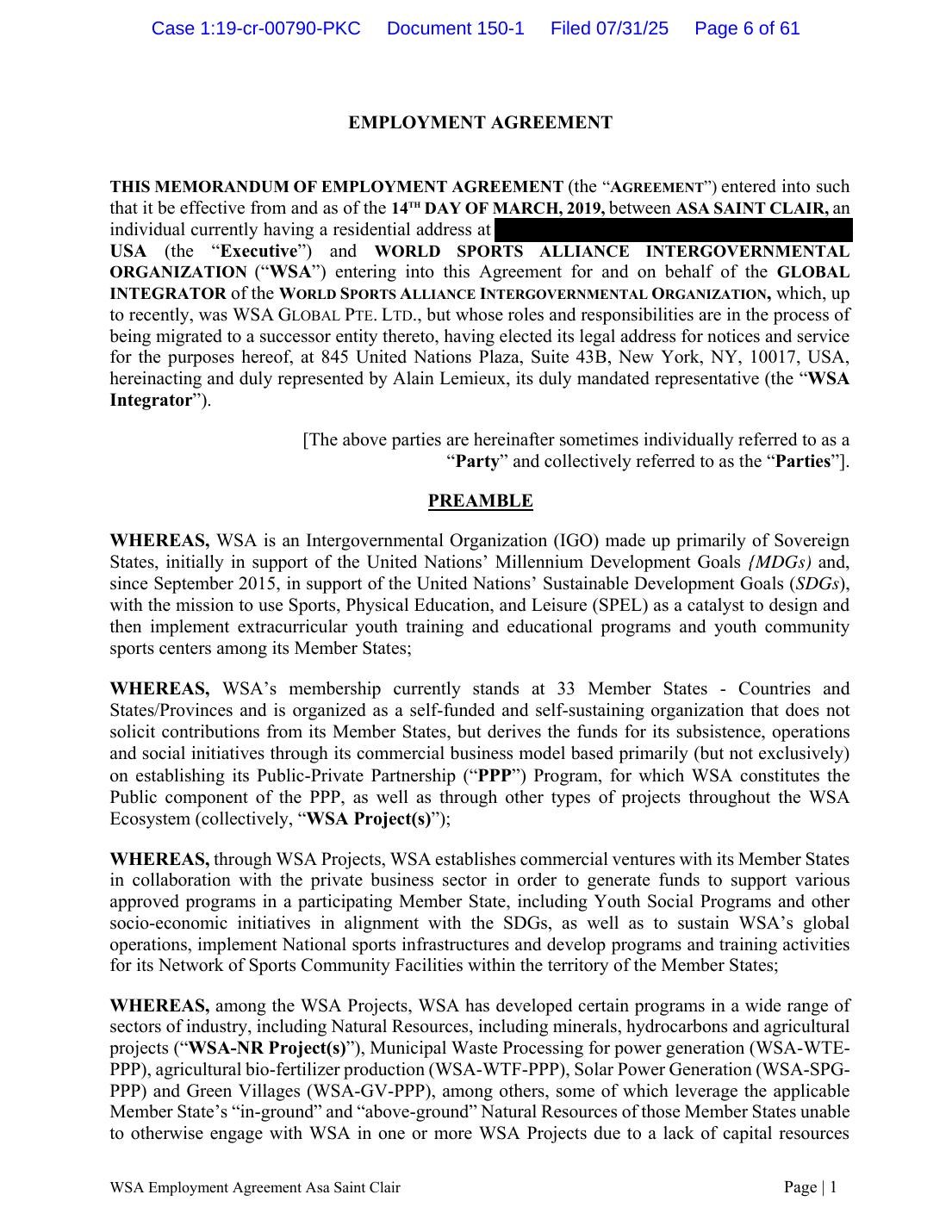 PX 1: the March 14, 2019 employment agreement between Asa Saint Clair and the World Sports Alliance Intergovernmental Organization, first page. Home address blacked out.