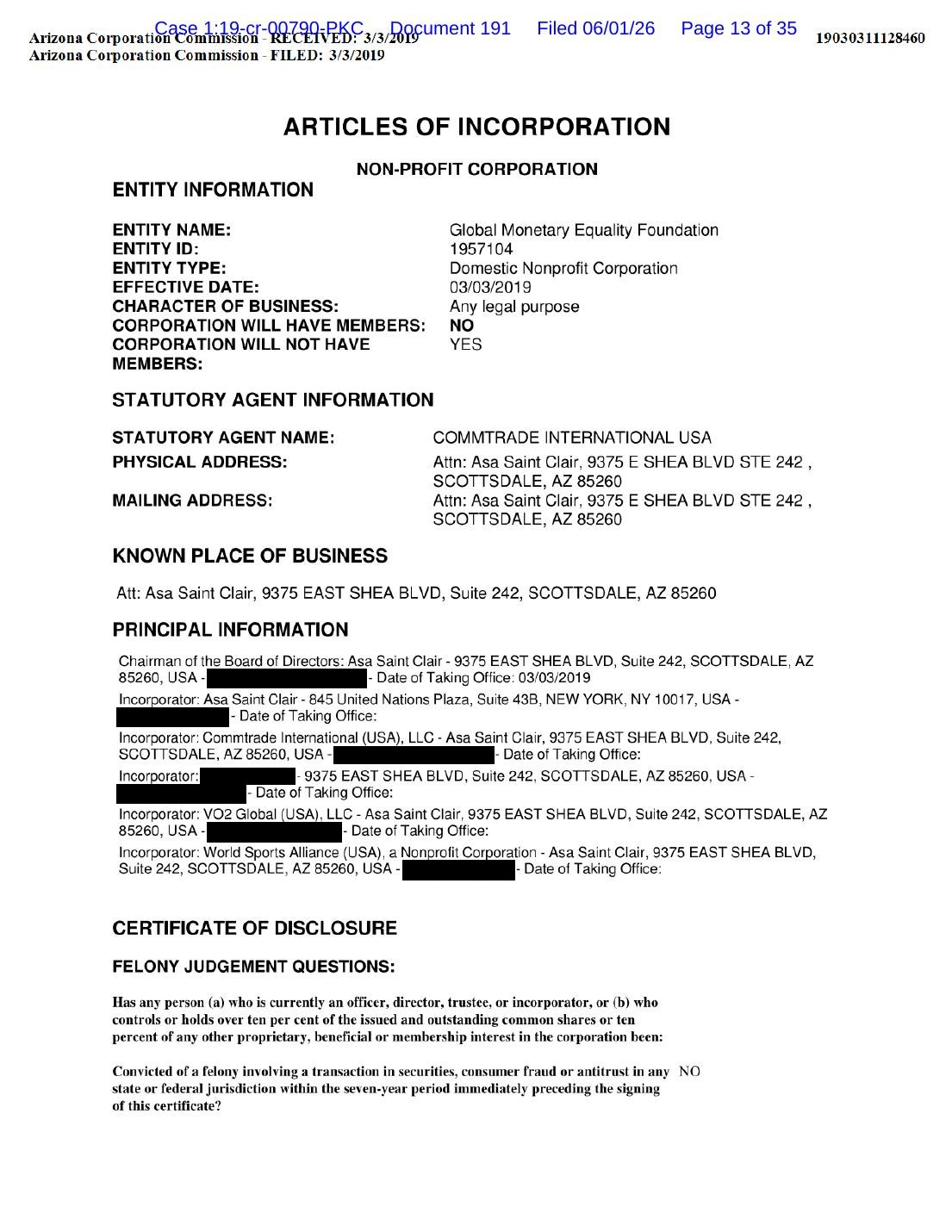 Arizona Corporation Commission Articles of Incorporation for the Global Monetary Equality Foundation, filed 3/3/2019. Emails and one incorporator’s name blacked out.