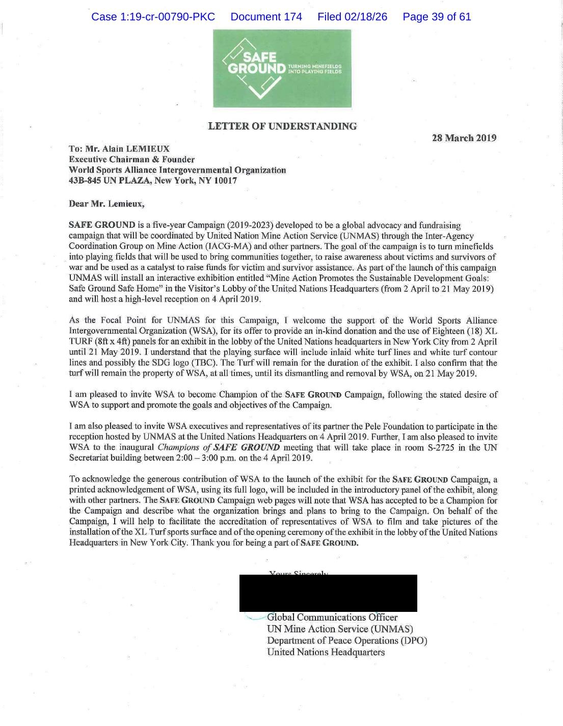 UNMAS Letter of Understanding dated 28 March 2019, inviting WSA to become Champion of the Safe Ground campaign and to install turf in the visitors’ lobby of UN Headquarters. Signature blacked out.
