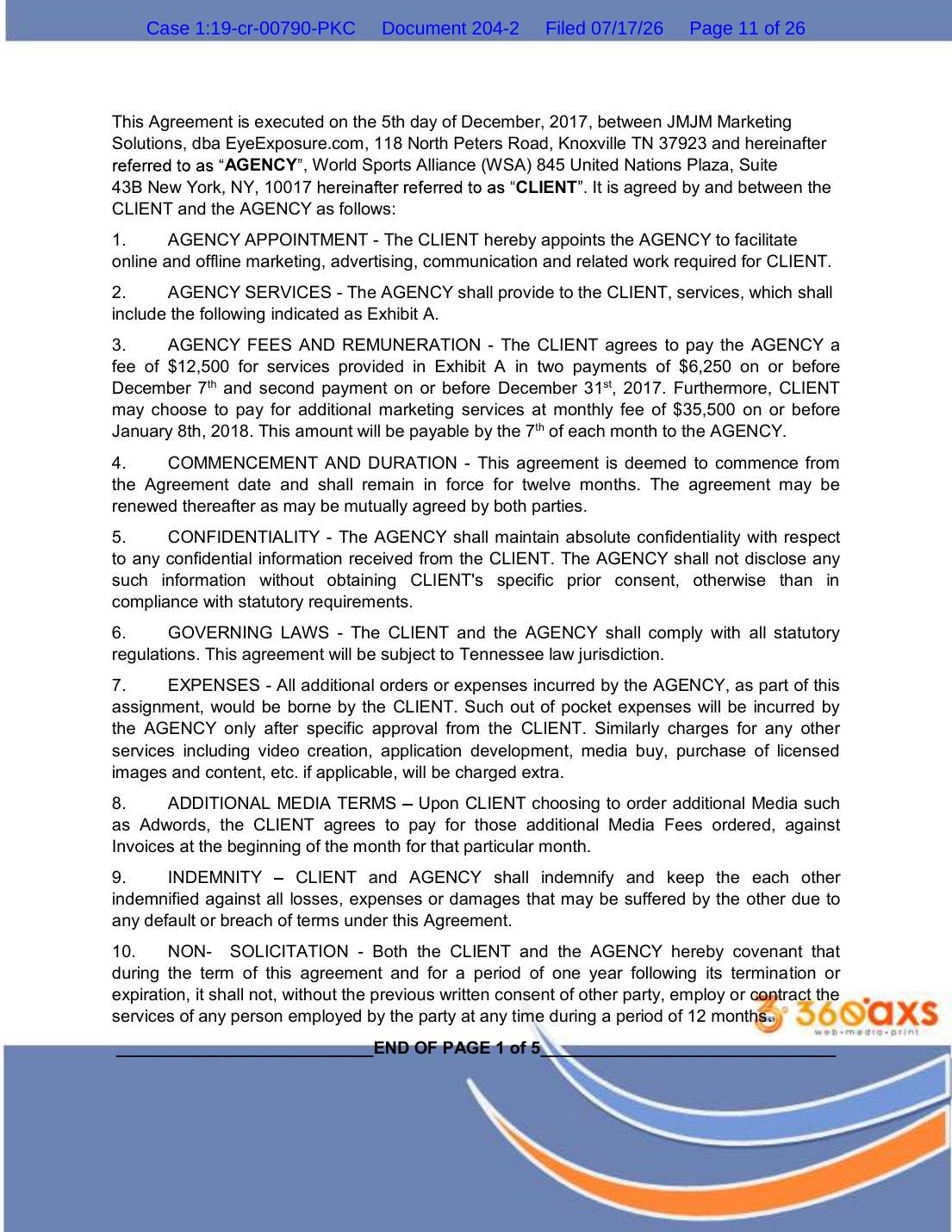 PX 830: JMJM Marketing Solutions agreement with World Sports Alliance, executed December 5, 2017, first page.