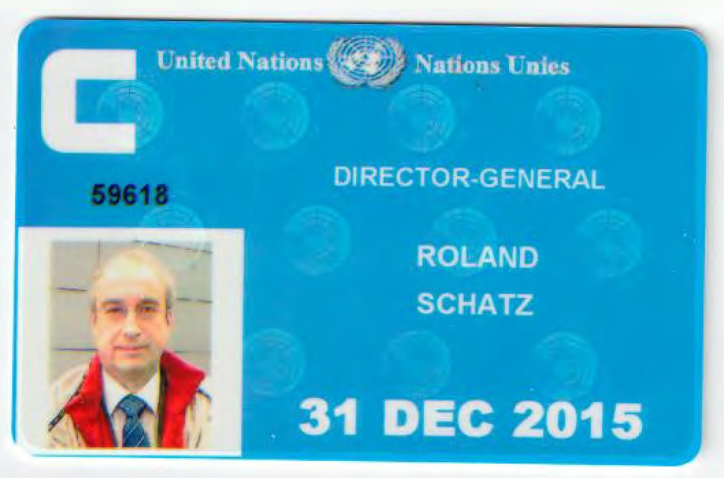 Roland Schatz’s United Nations grounds pass, reading United Nations, Director-General, Roland Schatz, 31 Dec 2015.