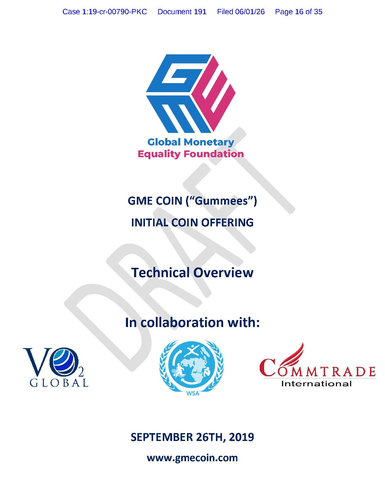 Cover of the GME Coin Initial Coin Offering Technical Overview marked DRAFT, dated September 26th, 2019, in collaboration with VO2 Global, WSA and Commtrade International, filed at ECF 191 page 16.