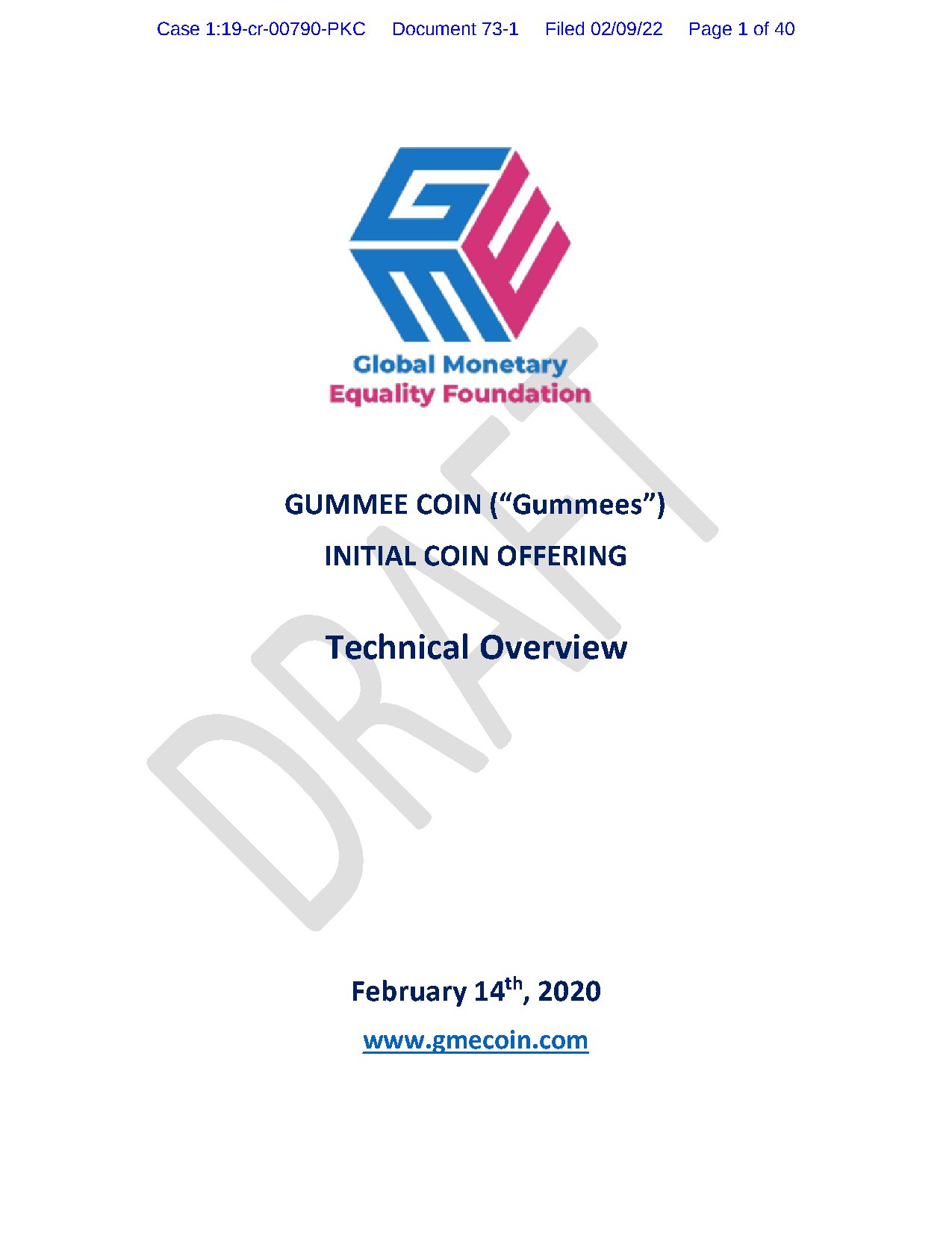 Cover of the GUMMEE Coin Initial Coin Offering Technical Overview marked DRAFT, dated February 14th, 2020, as filed by the Government at ECF 73-1 page 1.