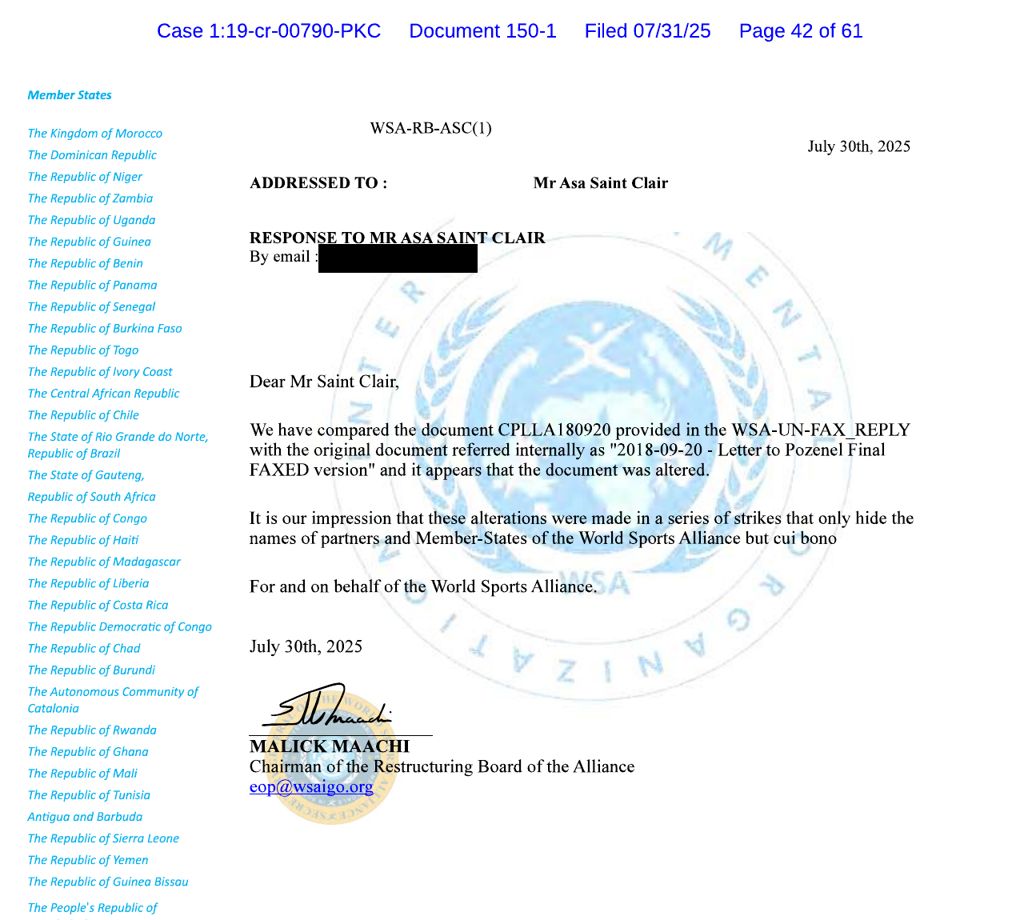 PX 11: WSA Restructuring Board letter of July 30, 2025 stating the document appears altered.