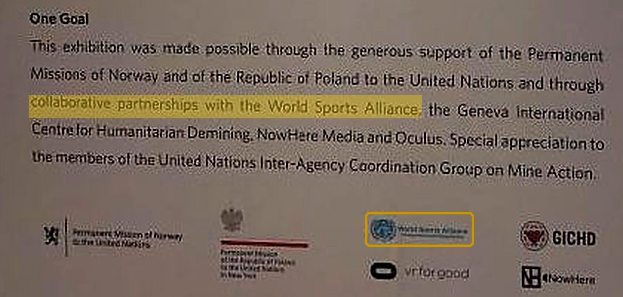 Close-up of the bottom of the unredacted UN sign, naming the World Sports Alliance a Collaborative Partner.