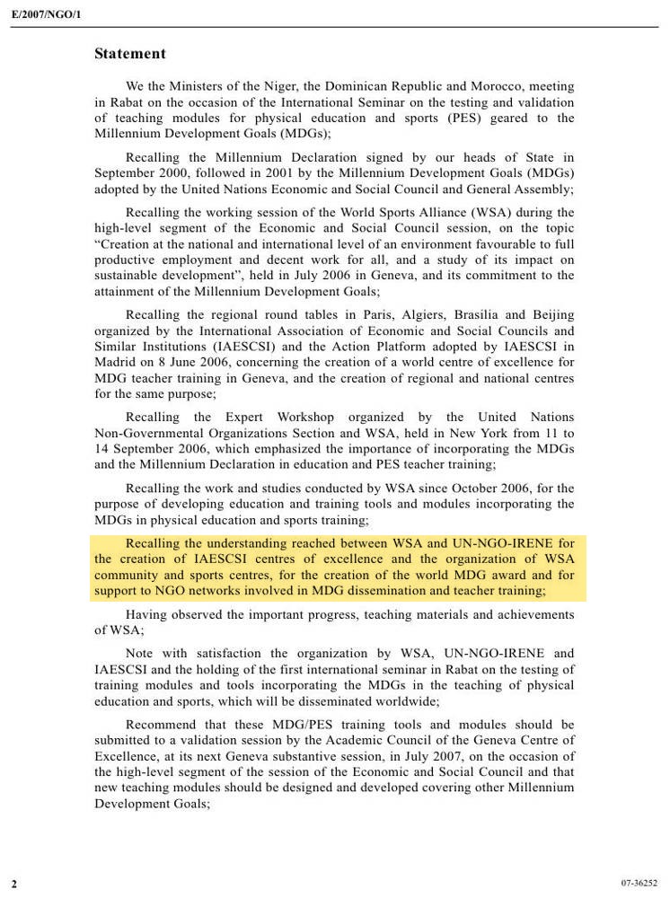 UN document E/2007/NGO/1, page 2, highlighted: Recalling the understanding reached between WSA and UN‑NGO‑IRENE for the creation of IAESCSI centres of excellence, the organization of WSA community and sports centres, the world MDG award and support to NGO networks.