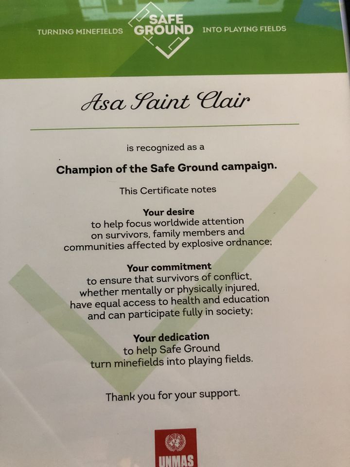The UN Mine Action Service certificate recognizing Asa Saint Clair as a Champion of the Safe Ground campaign.